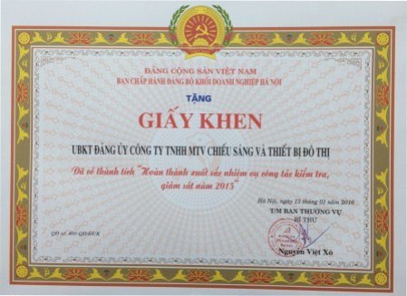 Giấy khen của ban chấp hành đảng bộ Khối doanh nghiệp Hà Nội